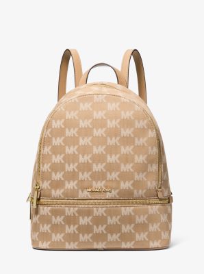 Rhea Medium Logo Jacquard Denim Backpack in CAMEL | Michael Kors