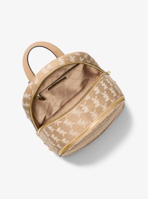 Rhea Medium Logo Jacquard Denim Backpack in CAMEL | Michael Kors