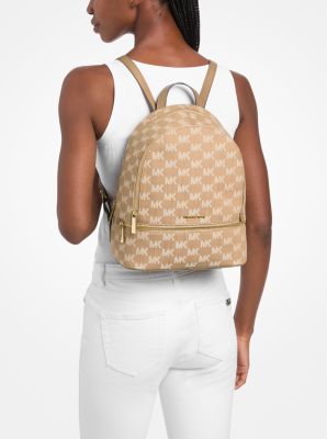 Rhea Medium Logo Jacquard Denim Backpack in CAMEL | Michael Kors