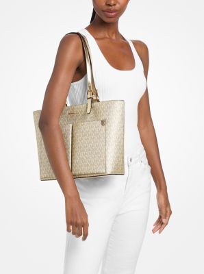 Jet Set Medium Metallic Signature Logo Pocket Tote Bag