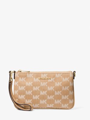 Jet Set Travel Small Logo Jacquard Denim Wristlet in CAMEL | Michael Kors