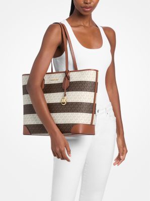 Eva Large Striped Signature Logo Tote Bag in VANILLA/LUGGAGE | Michael Kors