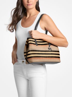 Avalon Medium Striped Woven Tote Bag in BLACK | Michael Kors