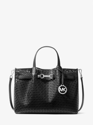 Carson Medium Floral Laser Cut Satchel in BLACK | Michael Kors