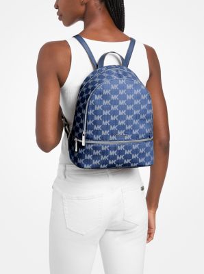 Rhea Medium Logo Jacquard Denim Backpack in DENIM | Michael Kors