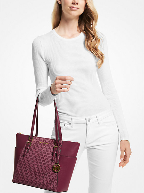 Charlotte Large Logo and Leather Top-Zip Tote Bag image number 2