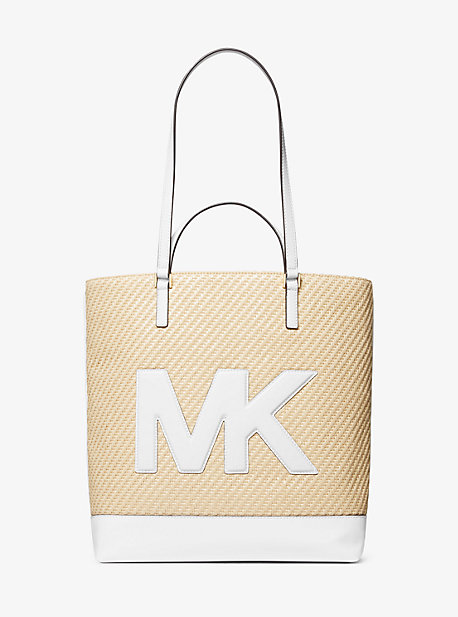 마이클 마이클 코어스 Michael Michael Kors Kelli Large Logo Straw Tote Bag,OPTIC WHITE