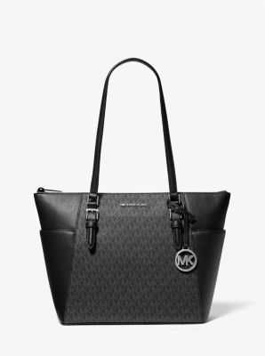 Michael Kors Charlotte Solid Black Leather Large Top Zip Tote Handbag Bag  Black
