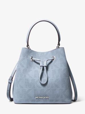 Suri Medium Logo Perforated Suede Crossbody Bag in PALE BLUE | Michael Kors