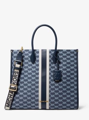 Michael Kors Mirella Large Striped Logo Jacquard Tote Bag ( Navy Multi)