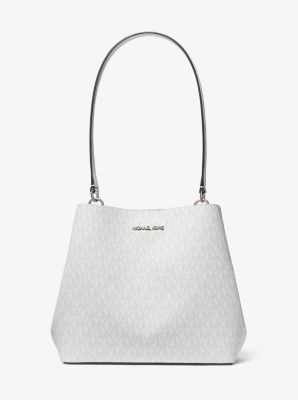 Shop Michael Kors Pratt Medium Signature Logo Shoulder Bag In White