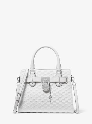 Michael Kors Hamilton Small Logo Embossed Washed Denim Satchel In 
