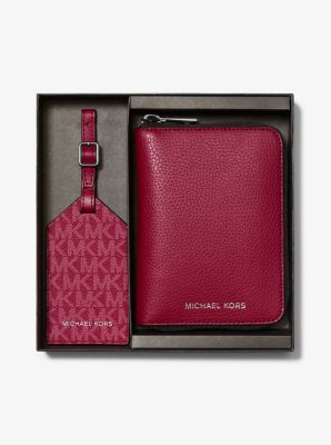 Ensemble-cadeau portefeuille pour passeport et porte-adresse en cuir grainé et à logo Signature