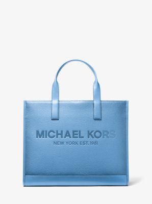 Shop Michael Kors Cooper Logo Embossed Pebbled Leather Tote Bag In Blue