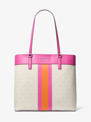Shop Michael Kors Morgan Signature Logo Stripe Tote Bag In Pink