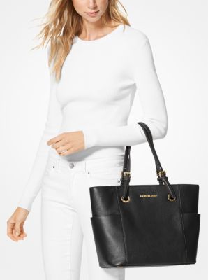 Gusset small pebble leather tote in black with white edge paint