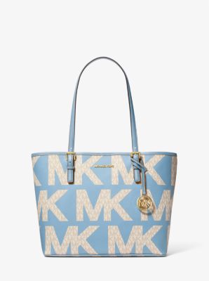 Shop Michael Kors Jet Set Medium Graphic Logo Tote Bag In Blue