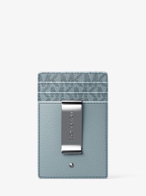 Hudson Pebbled Leather and Signature Logo Money Clip Card Case in CHAMBRAY | Michael Kors