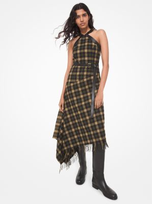 Leather Trim Check Wool Fringed Blanket Dress