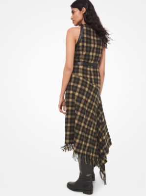 Leather Trim Check Wool Fringed Blanket Dress
