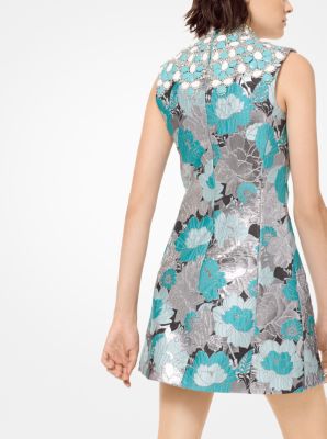 Embroidered Floral Brocade Shift Dress