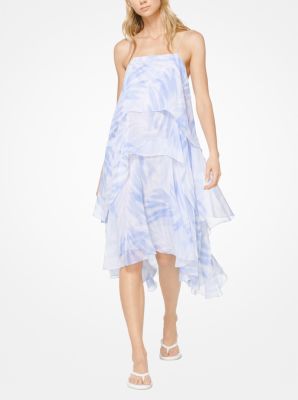 Palm Tiered Silk-Chiffon Dress in WATER | Michael Kors
