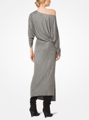 Crystal-Embroidered Crepe-Jersey Draped Dress