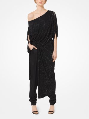 Crystal-Embroidered Crepe-Jersey Draped Dress