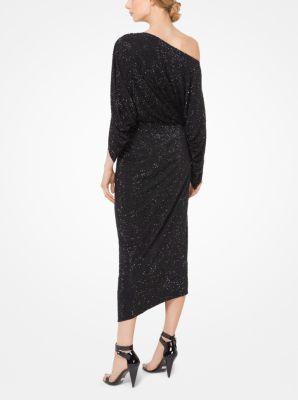 Crystal-Embroidered Crepe-Jersey Draped Dress