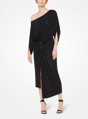 Crystal-Embroidered Crepe-Jersey Draped Dress