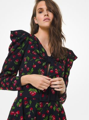 Cherry Crystal Embroidered Crepe Sabl&eacute; Peplum Dress in NEGRO | Michael Kors