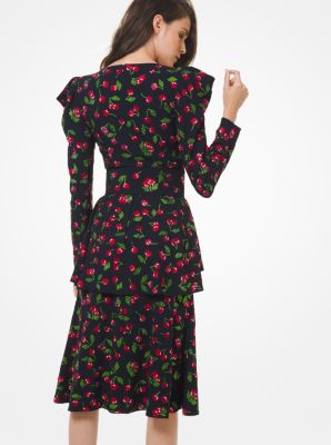 Cherry Crystal Embroidered Crepe Sabl&eacute; Peplum Dress in NEGRO | Michael Kors