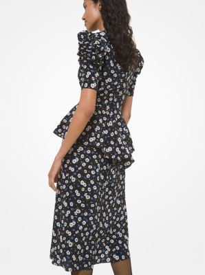 Floral Silk Crepe De Chine Peplum Dress
