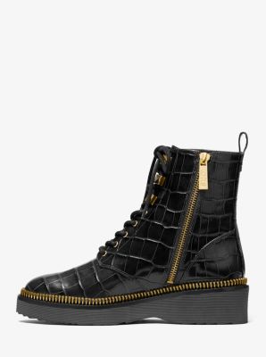 Haskell Crocodile Embossed Leather Combat Boot in BLACK | Michael Kors