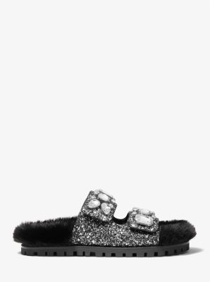 Stark Embellished Glitter and Faux Fur Slide Sandal