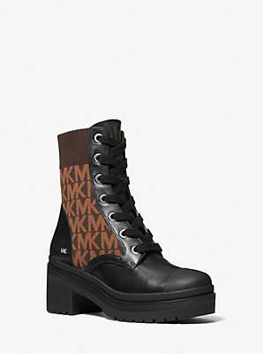 Michaelkors Brea Leather and Logo Jacquard Combat Boot