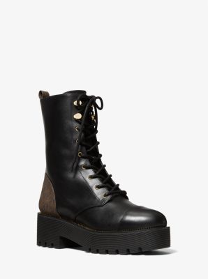 Bryce Leather and Logo Platform Combat Boot in BLK/BROWN | Michael Kors