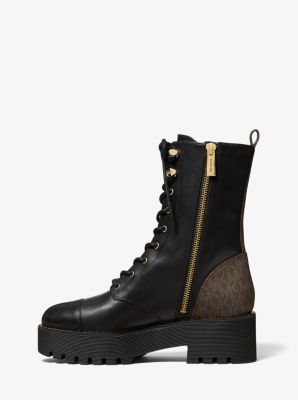 Bryce Leather and Logo Platform Combat Boot in BLK/BROWN | Michael Kors