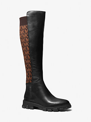 마이클 마이클 코어스 롱부츠 Michael Kors Ridley Leather and Logo Jacquard Knee Boot,BLK/BROWN