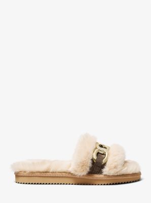 Scarlett Chain Link Faux Fur Slide Sandal in CAMEL COMBO | Michael Kors
