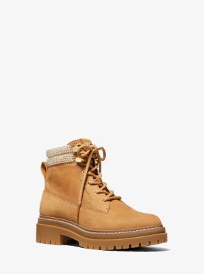 culver embellished nubuck and glitter chain mesh lace up boot