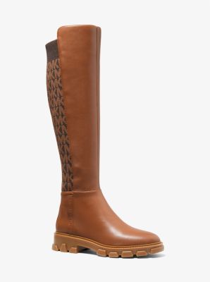 Michael Kors Ridley Leather And Logo Jacquard Knee Boot In Brown | ModeSens