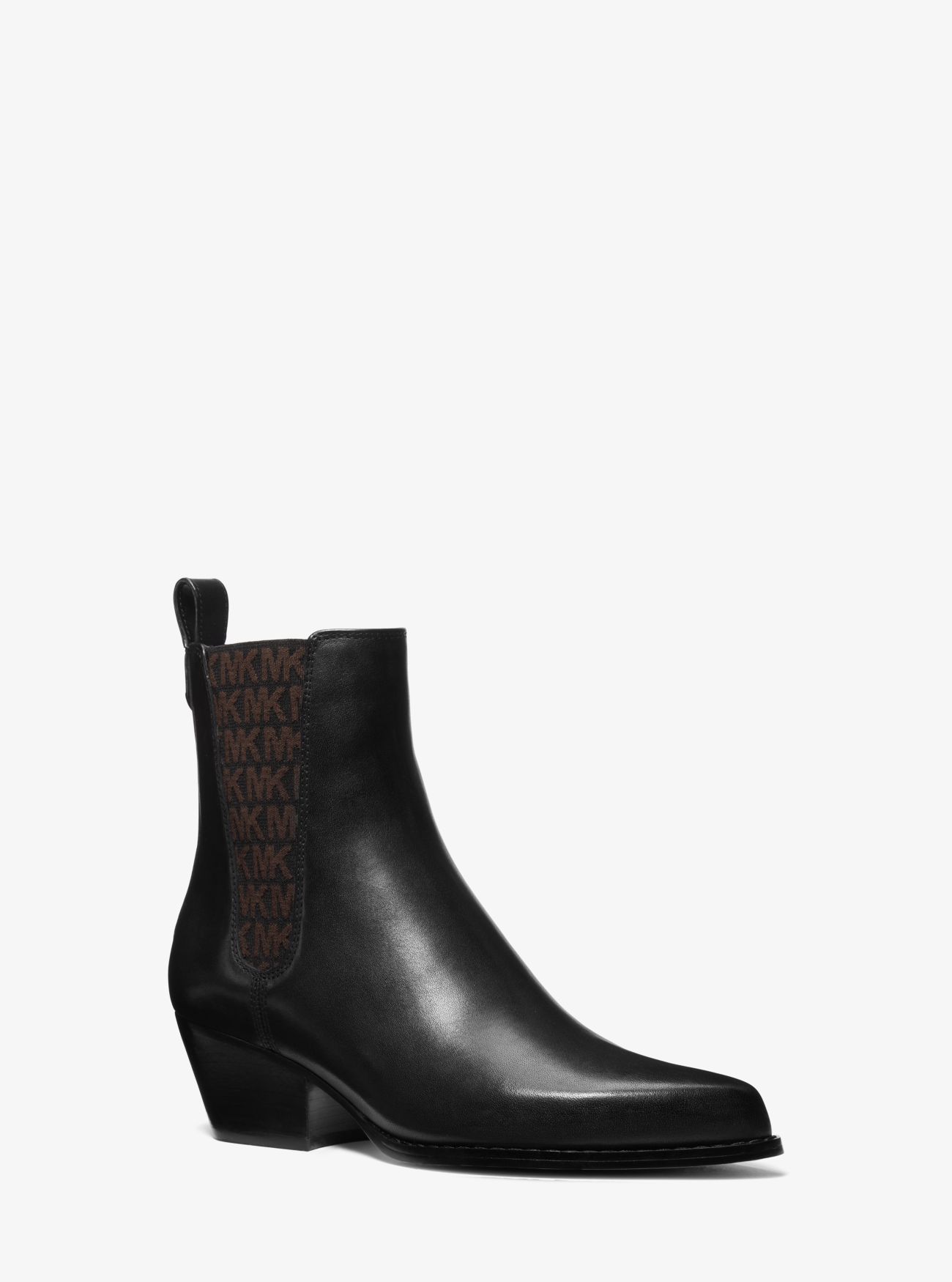 MK Kinlee Leather and Stretch Knit Ankle Boot - Brown - Michael Kors