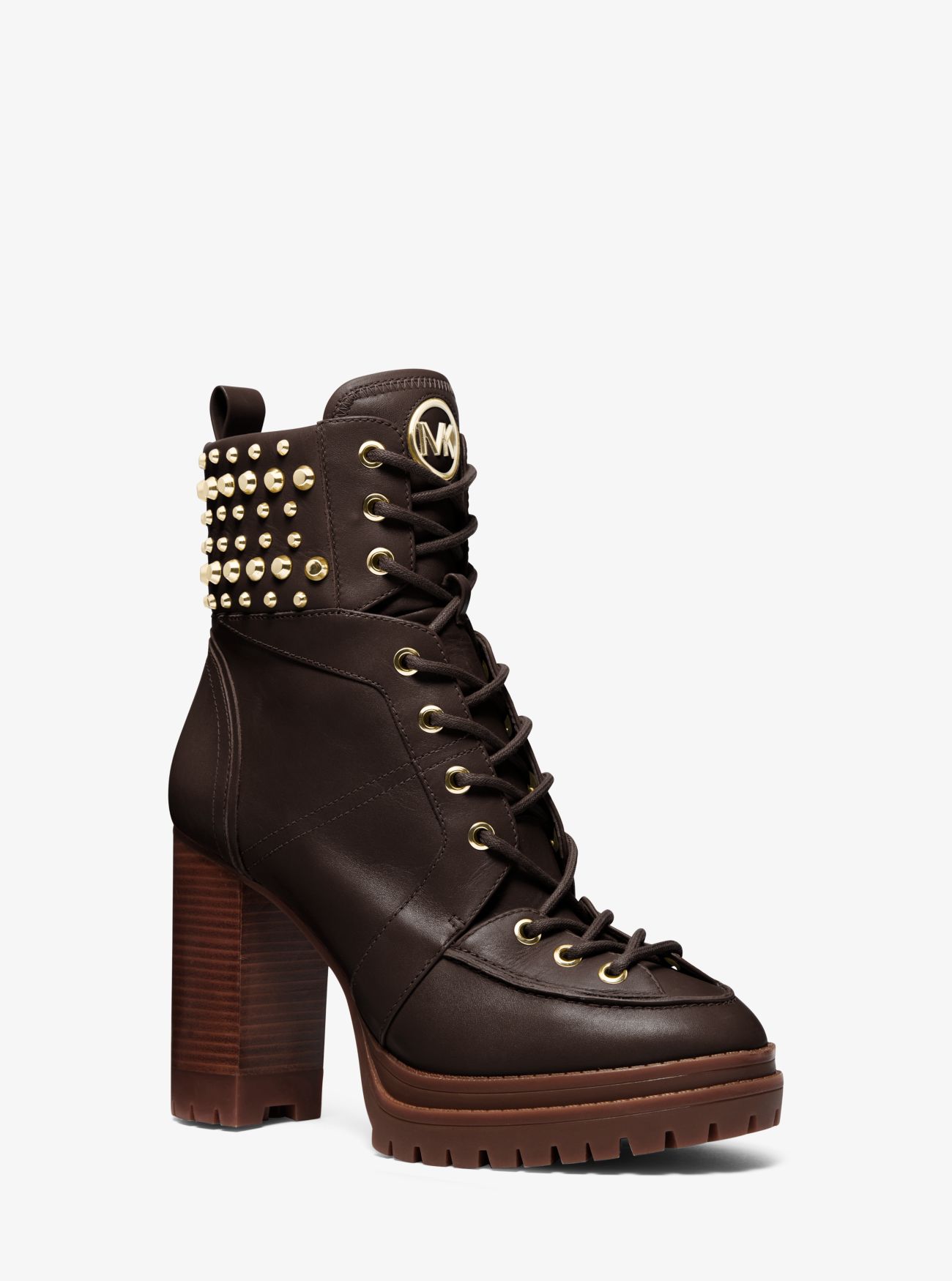 MK Yvonne Studded Leather Boot - Brown - Michael Kors