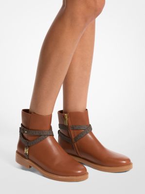 MK Abigail Leather and Signature Logo Trim Ankle Boot Brown Size EU 42.5 Michael Kors