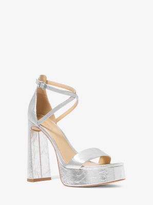 Michael Kors Cami Crackled Metallic Leather Platform Sandal In Silver