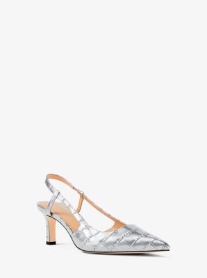 Michael Kors Alora Metallic Crocodile Embossed Leather Slingback Pump In Silver