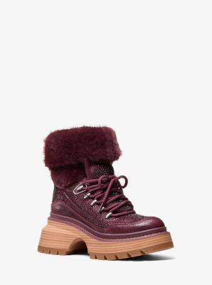 Michael Kors Shiloh Embellished Mixed-media Boot In Burgundy