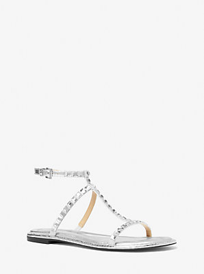 Michaelkors Celia Crystal Embellished Metallic Flat Sandal,SILVER