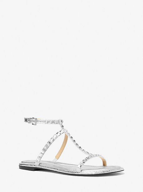 Michael Kors Celia Crystal Embellished Metallic Flat Sandal In Silver